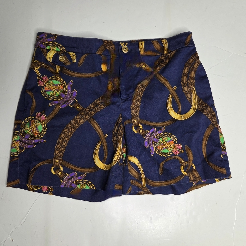 Lauren Ralph Lauren Sz 4 Flat Front City Shorts Navy Equestrian Horseshoe LRL
